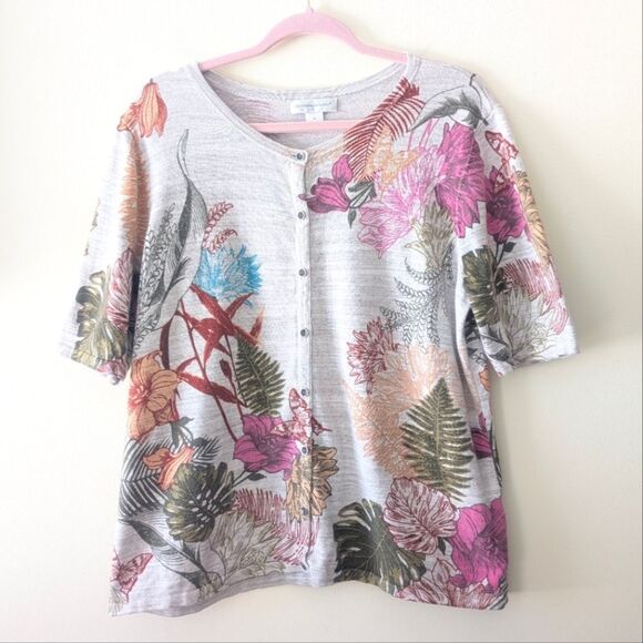 Christopher & Banks Sweater Cardigan Knit Short Sleeve Button Up Floral XL - Picture 1 of 5